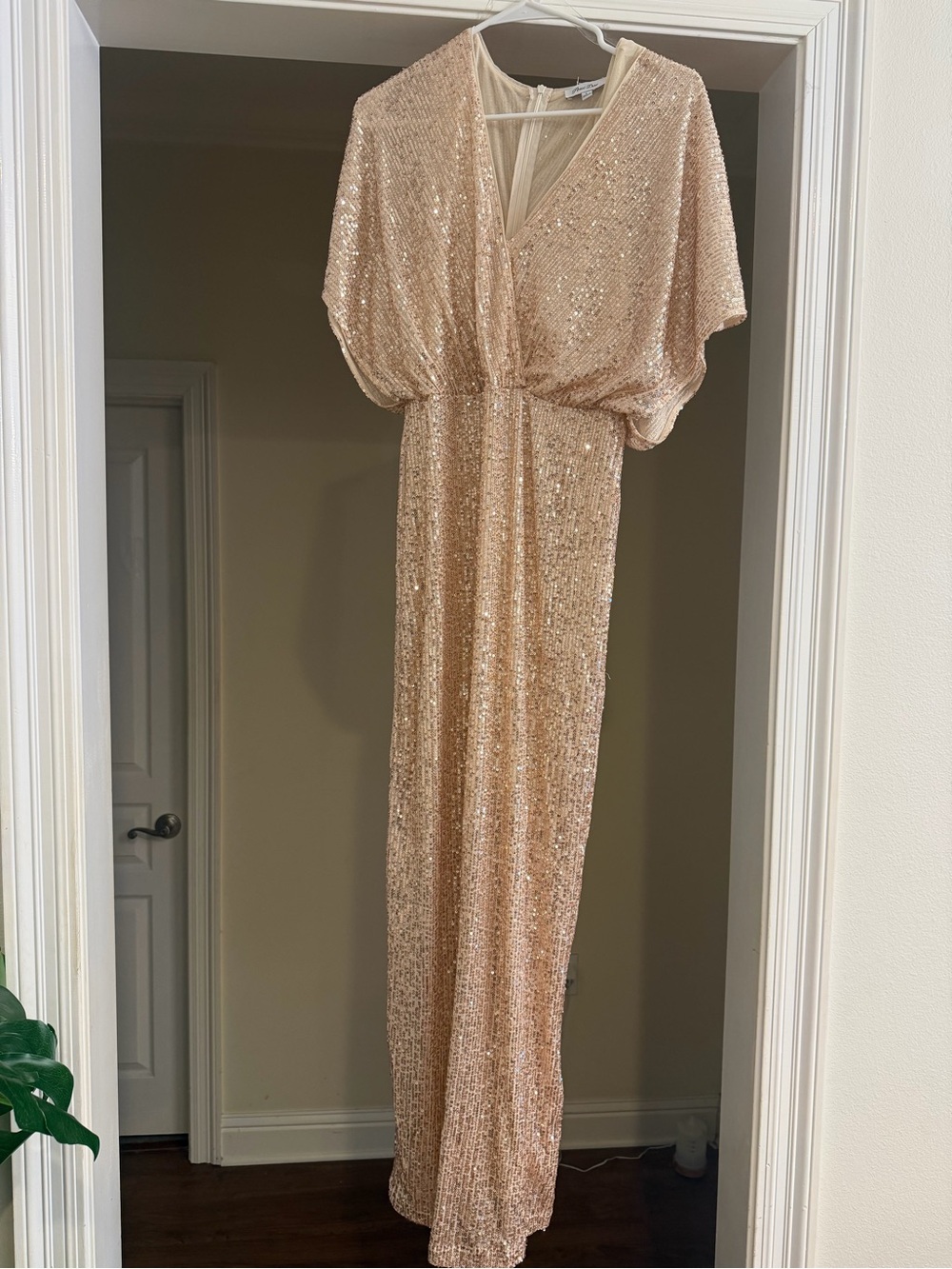 Sequined Champagne Maxi Dress with V-Neck and Batwing Sleeves